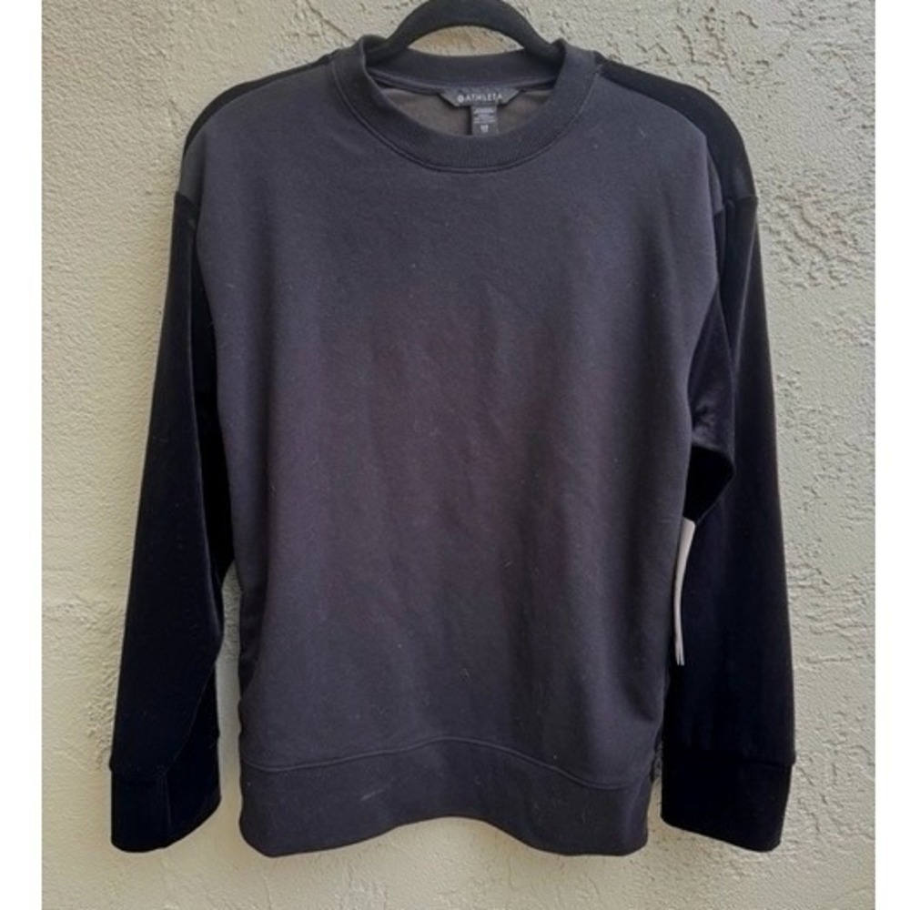 Athleta NEW Black Retroplush Velvet Crewneck Sidesnap Sweatshirt XS Minimalist